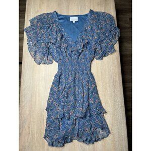 Gilner Farrar Blue Floral Finley Mini Dress Ruffle V Neck Shortsleeve Size XS